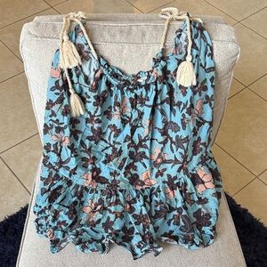 Ulla Johnson Blue and Brown Floral Top with Tassels